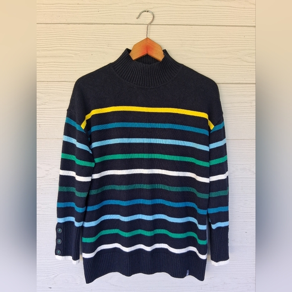 Women's T By Talbots Sweater Large P Navy Multi Long Sleeve Turtle Neck Stripe - Picture 1 of 8